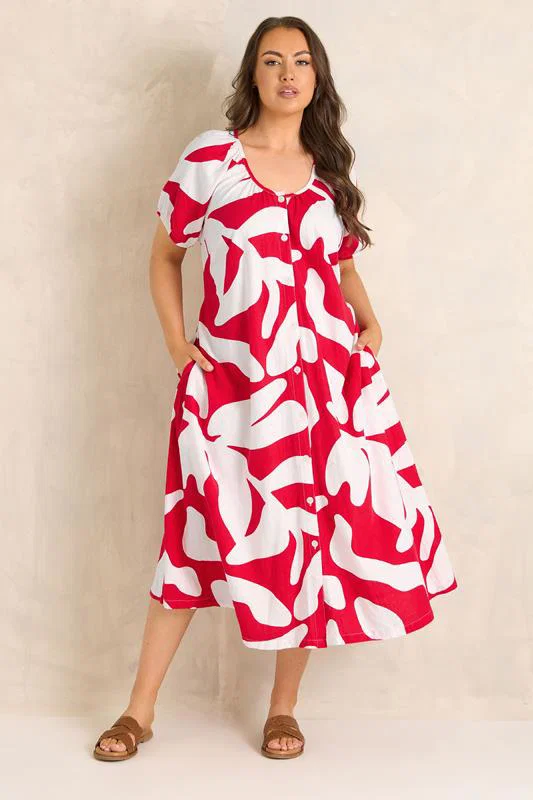 Red Premium Linen Abstract Print Maxi Dress detail 1
