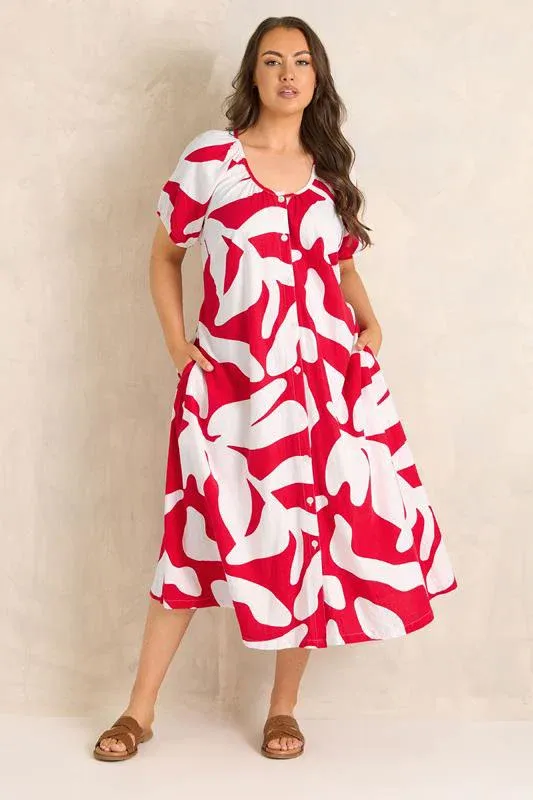 Red Premium Linen Abstract Print Maxi Dress