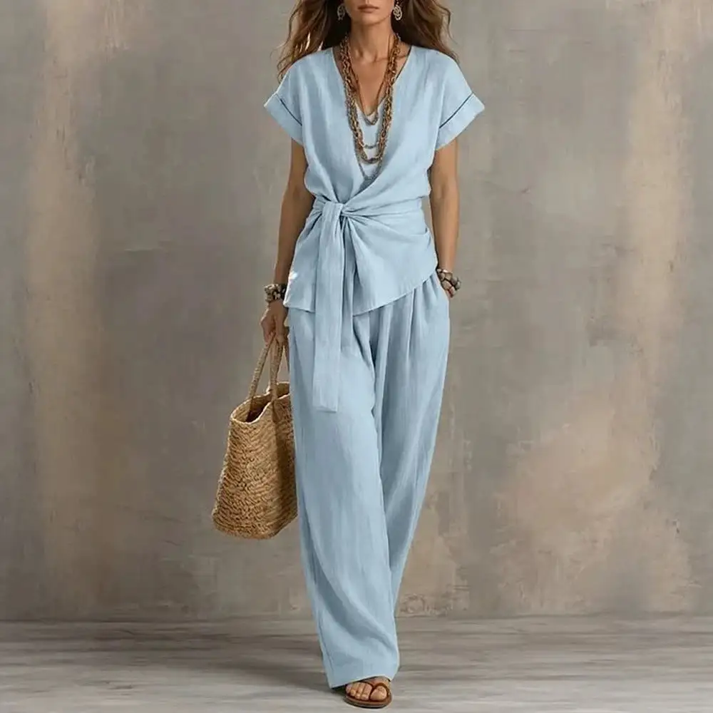 Refined Short-Sleeve V-Neck Women's Matching Set