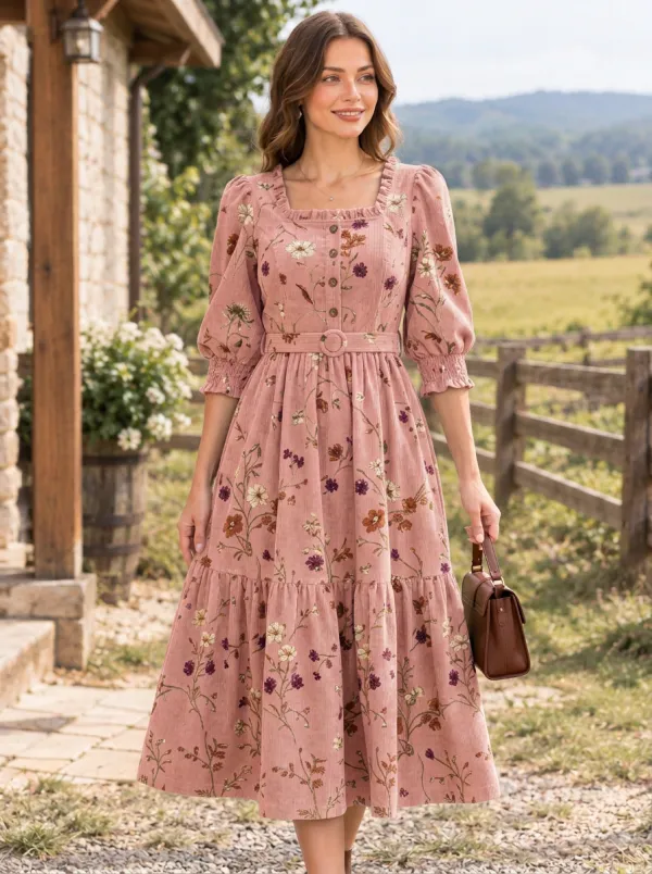 Women's Olive Green Cottagecore Floral Olive Green Corduroy High-Waist 3/4 Sleeve Midi Dress