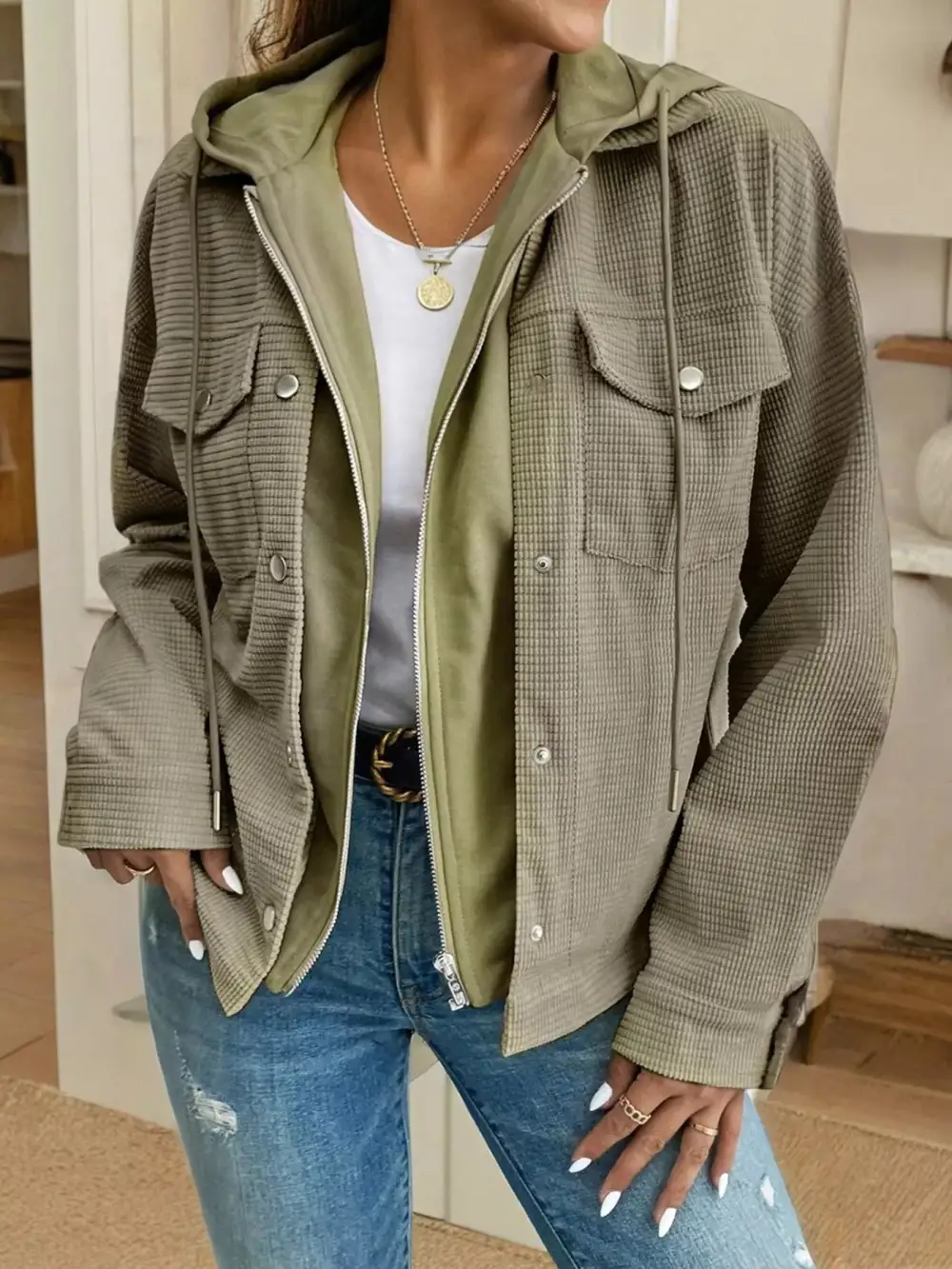 Thermal Knit Textured Hooded Jacket Easy Layering Piece