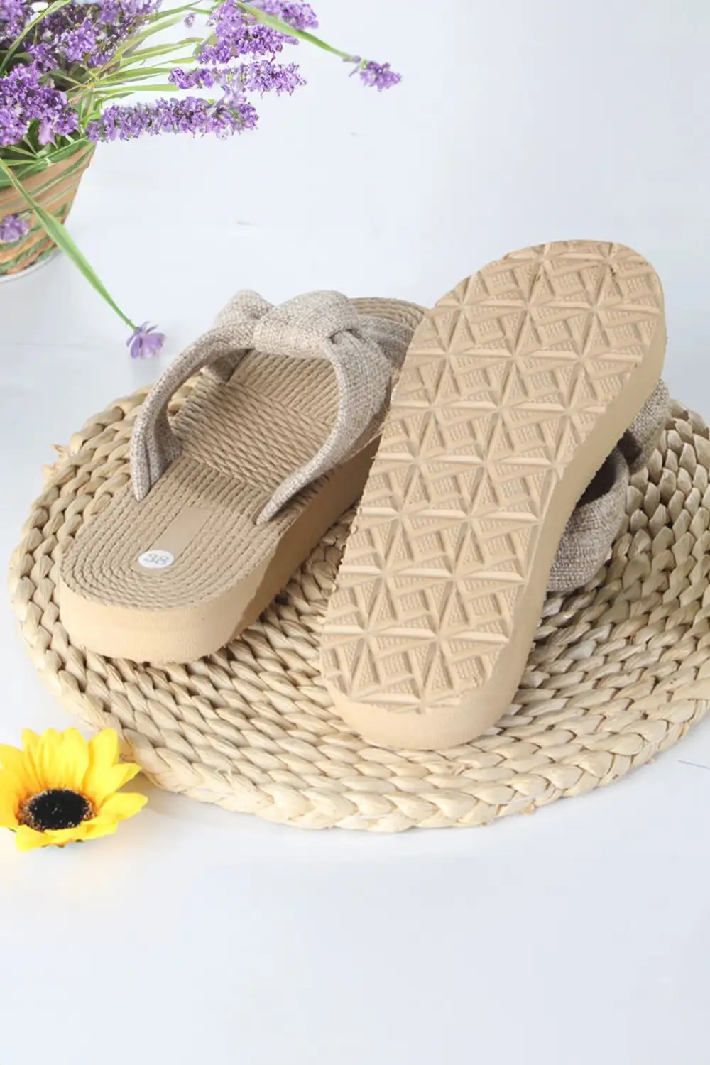 Boho Bow Detail Raffia Woven Flat Sandals