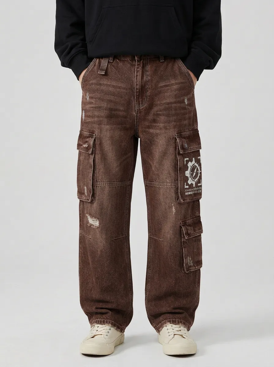 Men's Streetwear Gear Graphic Distressed Denim Printed Cargo Jeans