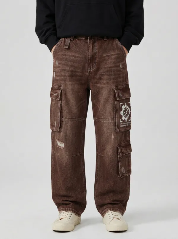 Men's Streetwear Gear Graphic Distressed Denim Printed Cargo Jeans