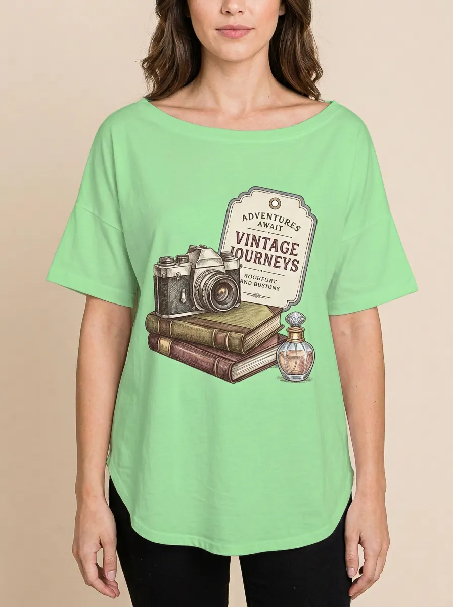 Women's Travel-Inspired Vintage Camera Books Printed T-Shirt