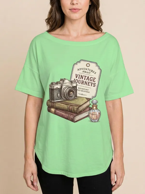 Women's Travel-Inspired Vintage Camera Books Printed T-Shirt