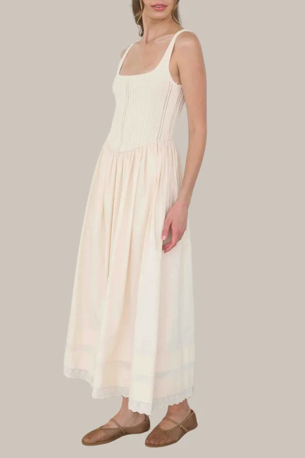 Sleeveless Mixed Media Pointelle Knit Midi Dress