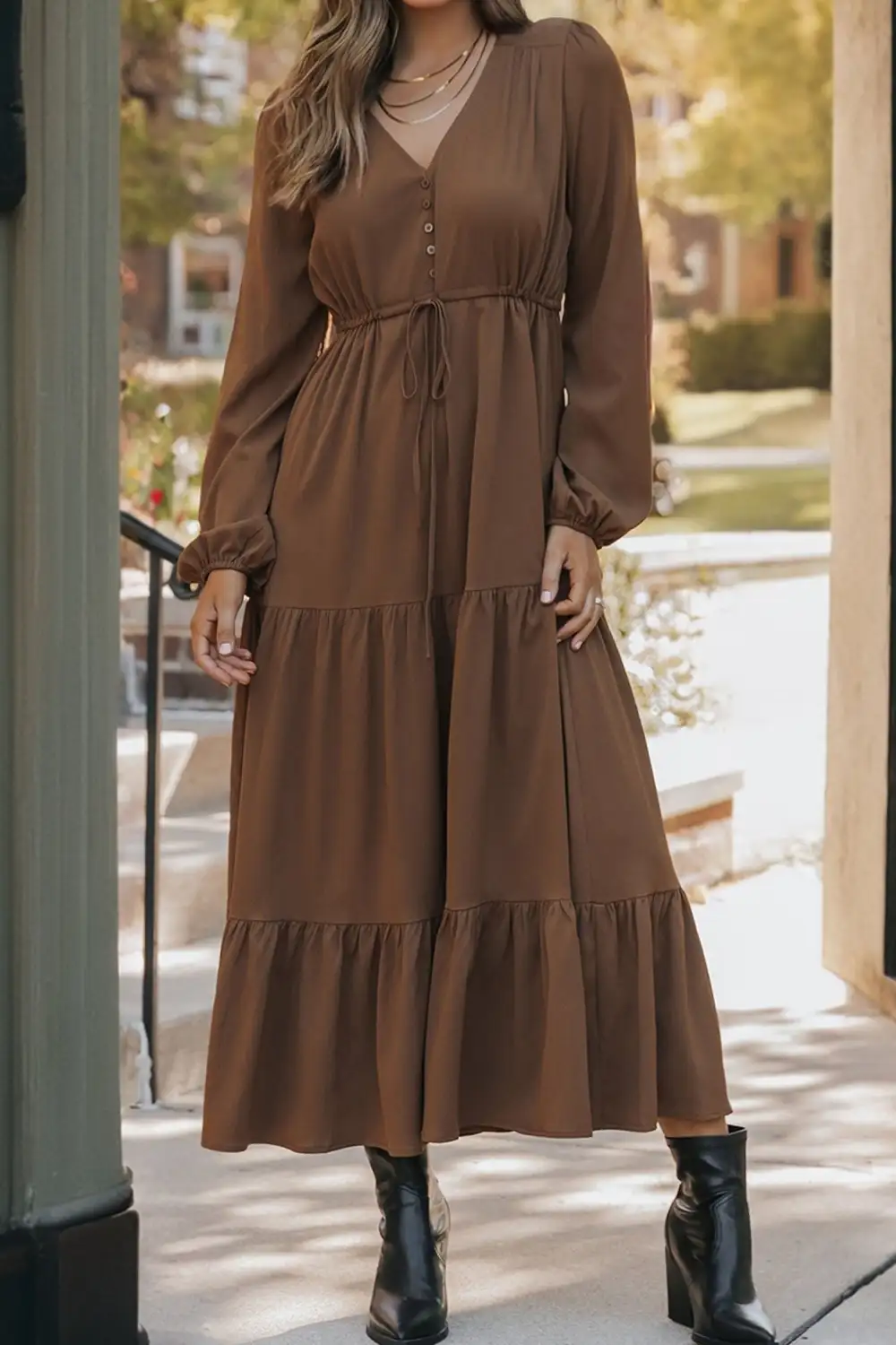 Solid Long Sleeve Button V Neck Tiered Maxi Dress