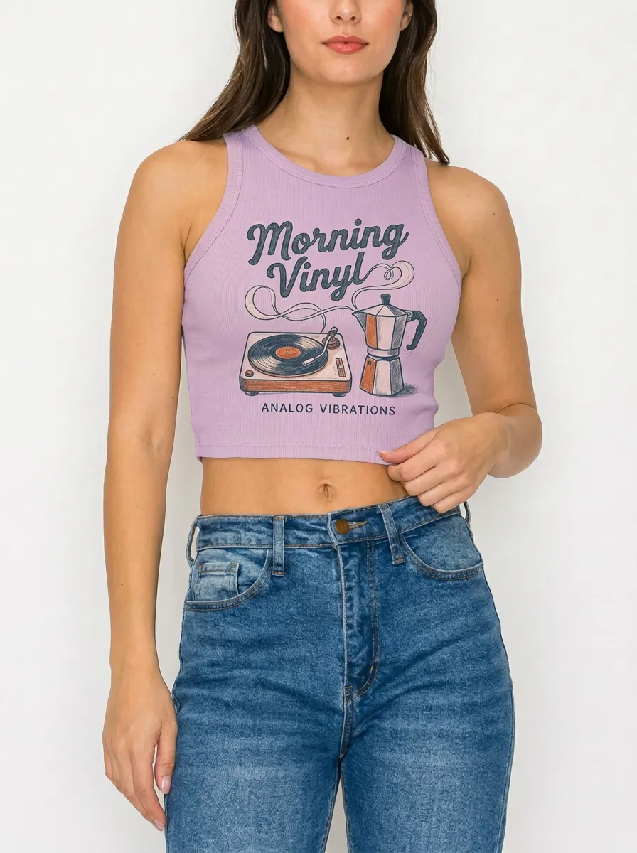 Women's Music Coffee Morning Vinyl Analog Graphic Ribbed Crop Tank Top