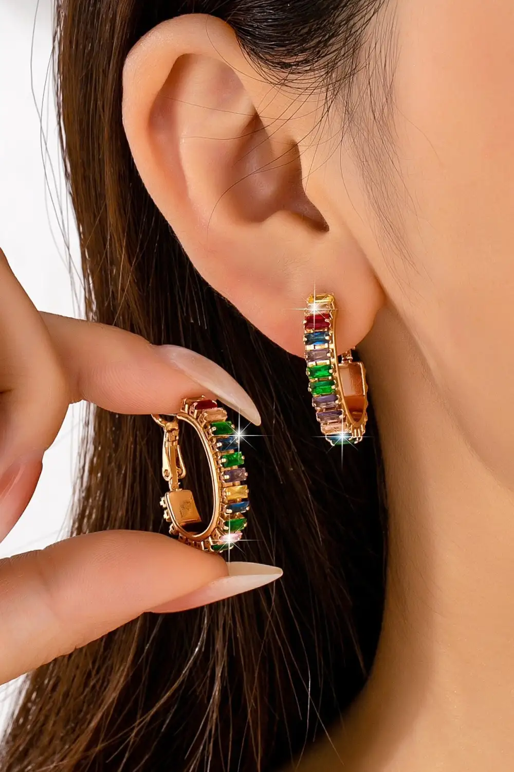 Multicolor Baguette Crystal Hoop arrings