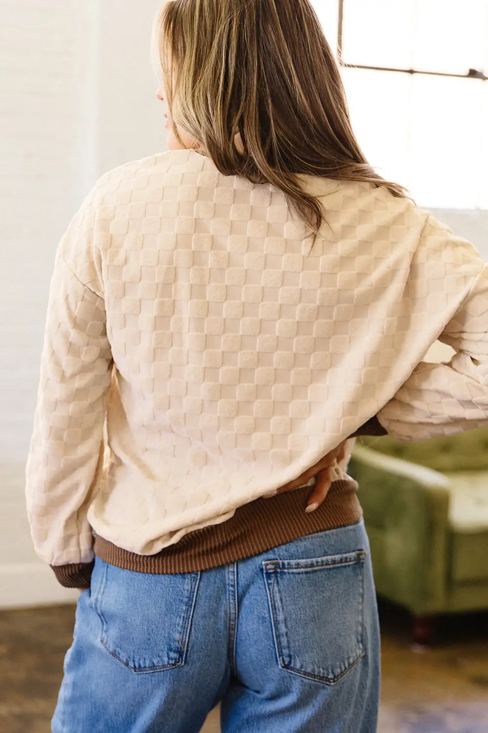 Checkered Print Ribbed Relaxed Stretch Fabric Long Sleeve Top