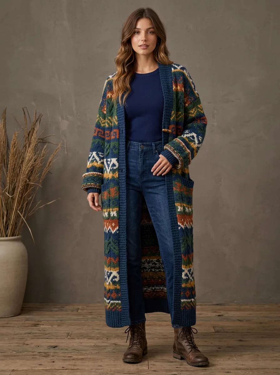 Women's Boho Vintage Style Fair Isle Pattern Printed Cardigan