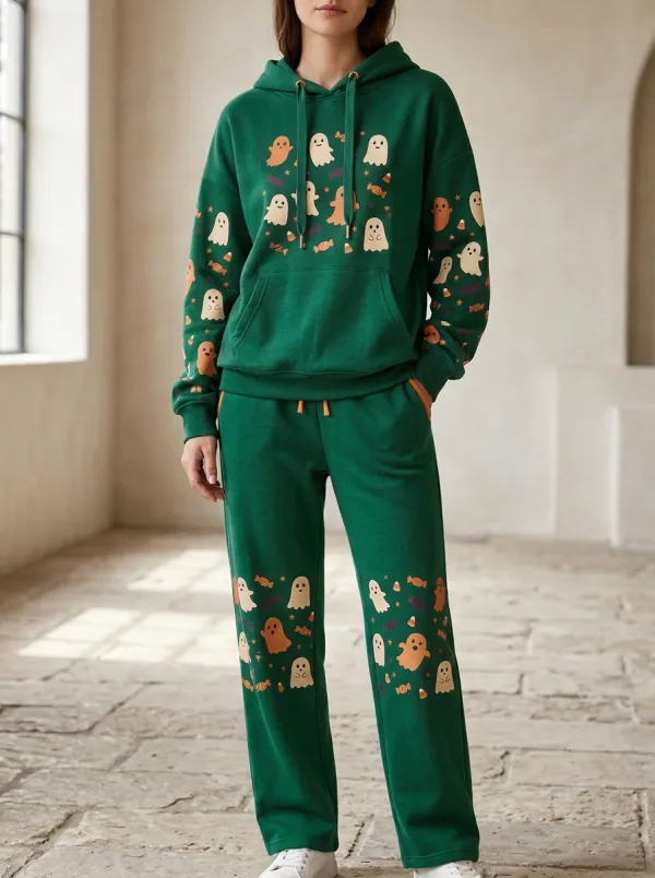 Women's Halloween Ghost Candy Printed Hoodie and Jogger Set
