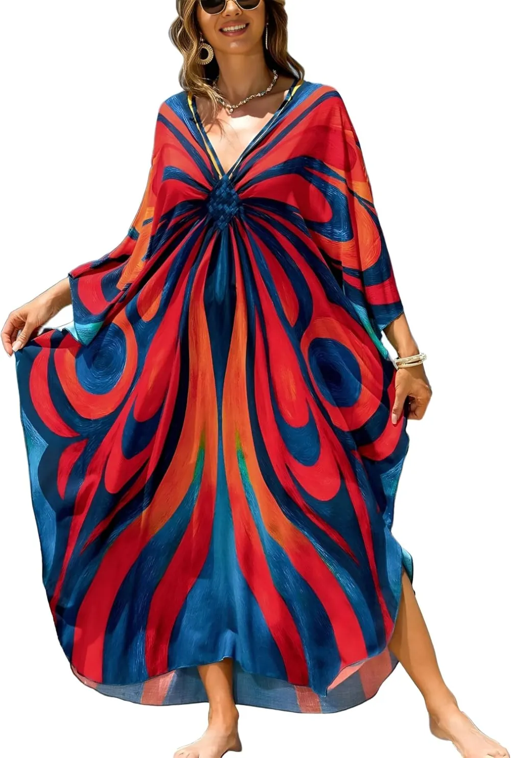 IMAGEKOPE Kaftan Dresses for Women Plus Size V-Neck Moo Moos Batwing Kaftan Beach Dress Bathing Suit Cover-Up Loungewear