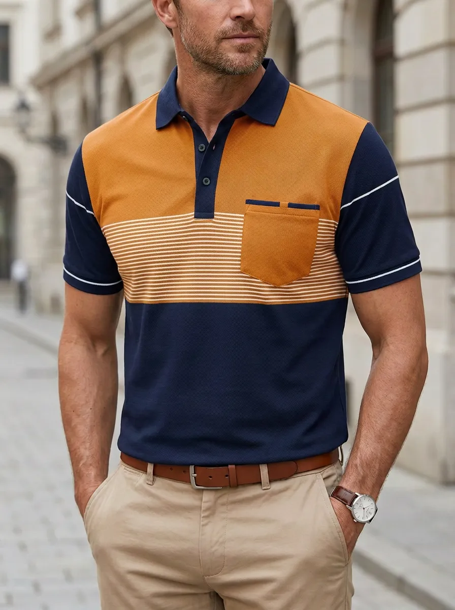 Men's Contemporary Colorblock Striped Pocket Polo Shirt