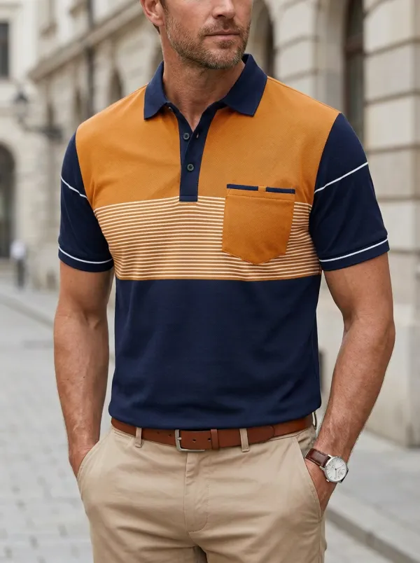 Men's Contemporary Colorblock Striped Pocket Polo Shirt