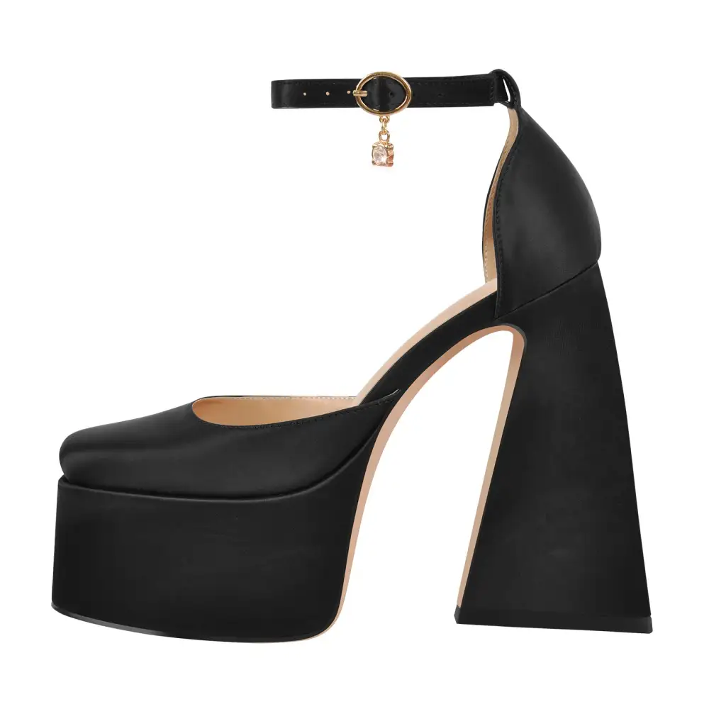 Patent Finish Square Toe Platform Chunky Heel Ankle Strap Pumps