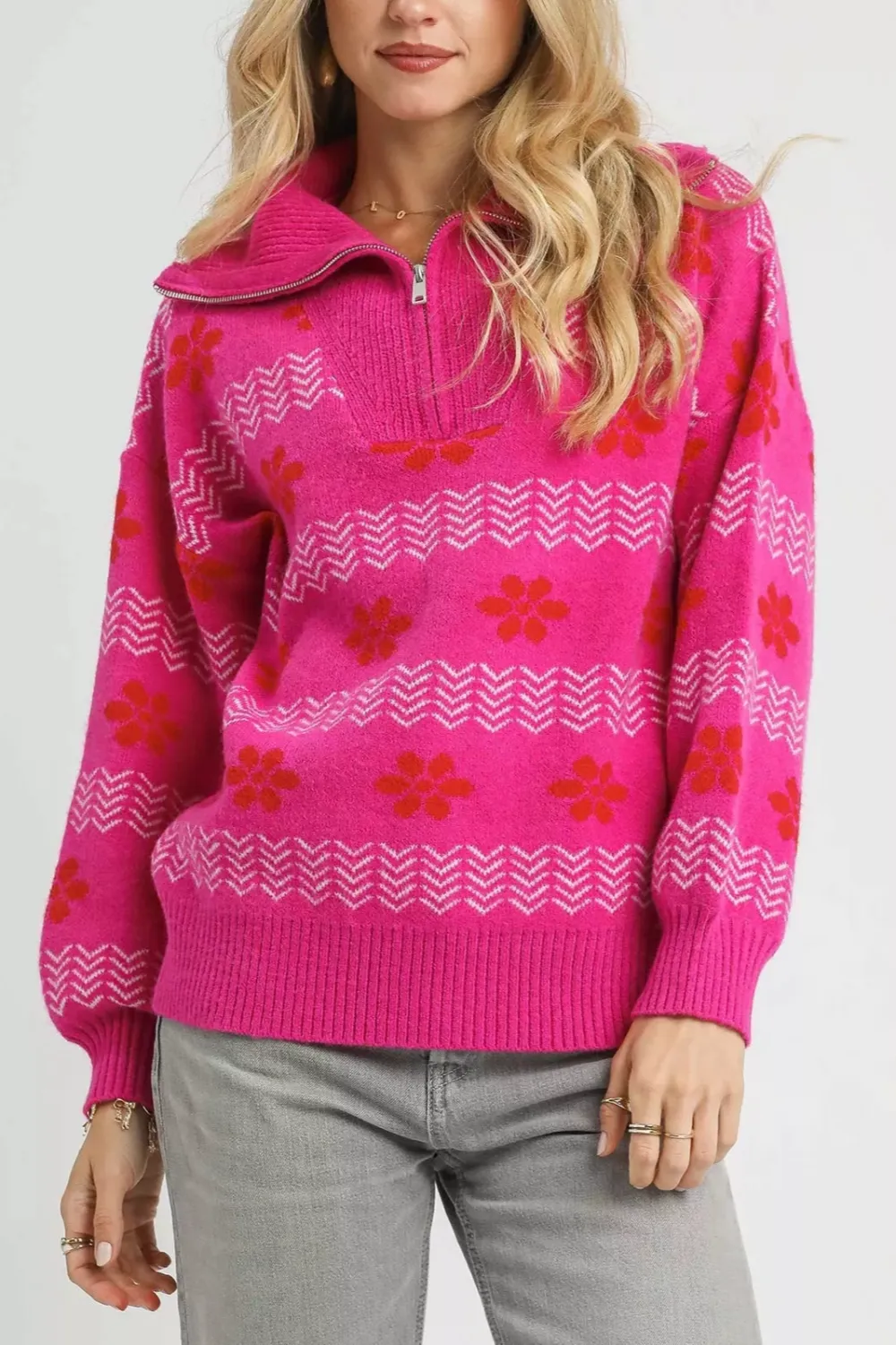 Quarter-Zip Floral Sweater