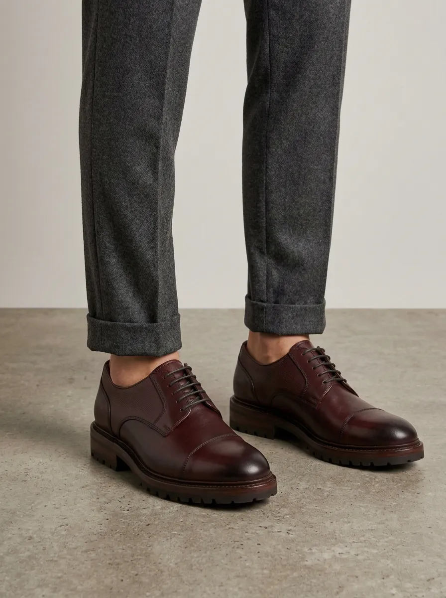 Men's Business Formal Burgundy Leather Cap Toe Lug Sole Oxford Shoes