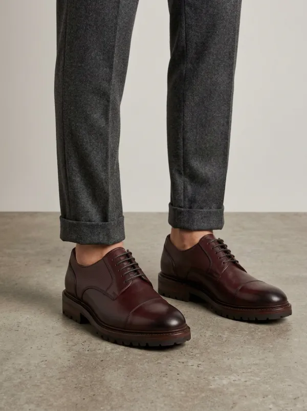 Men's Business Formal Burgundy Leather Cap Toe Lug Sole Oxford Shoes