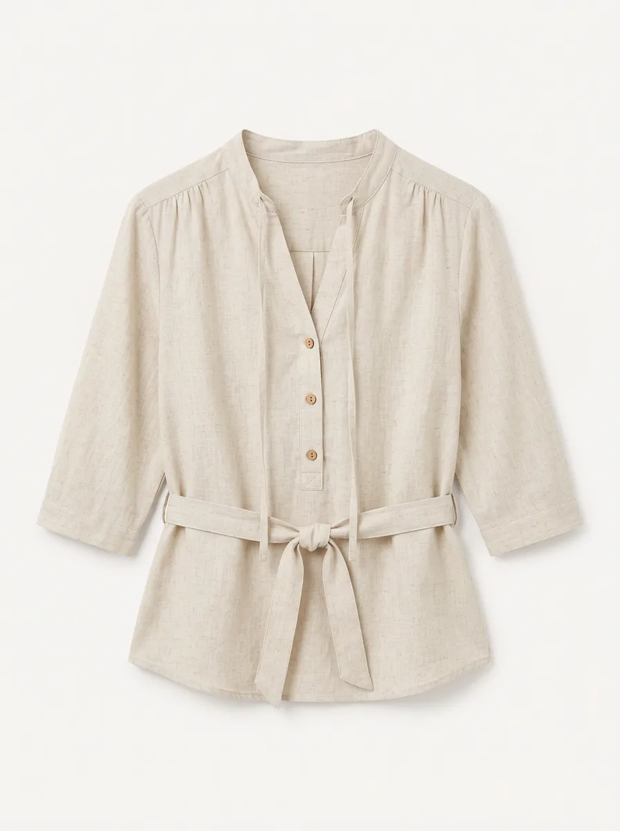 Women's Beige Linen Blend V-Neck Tie-Waist Blouse