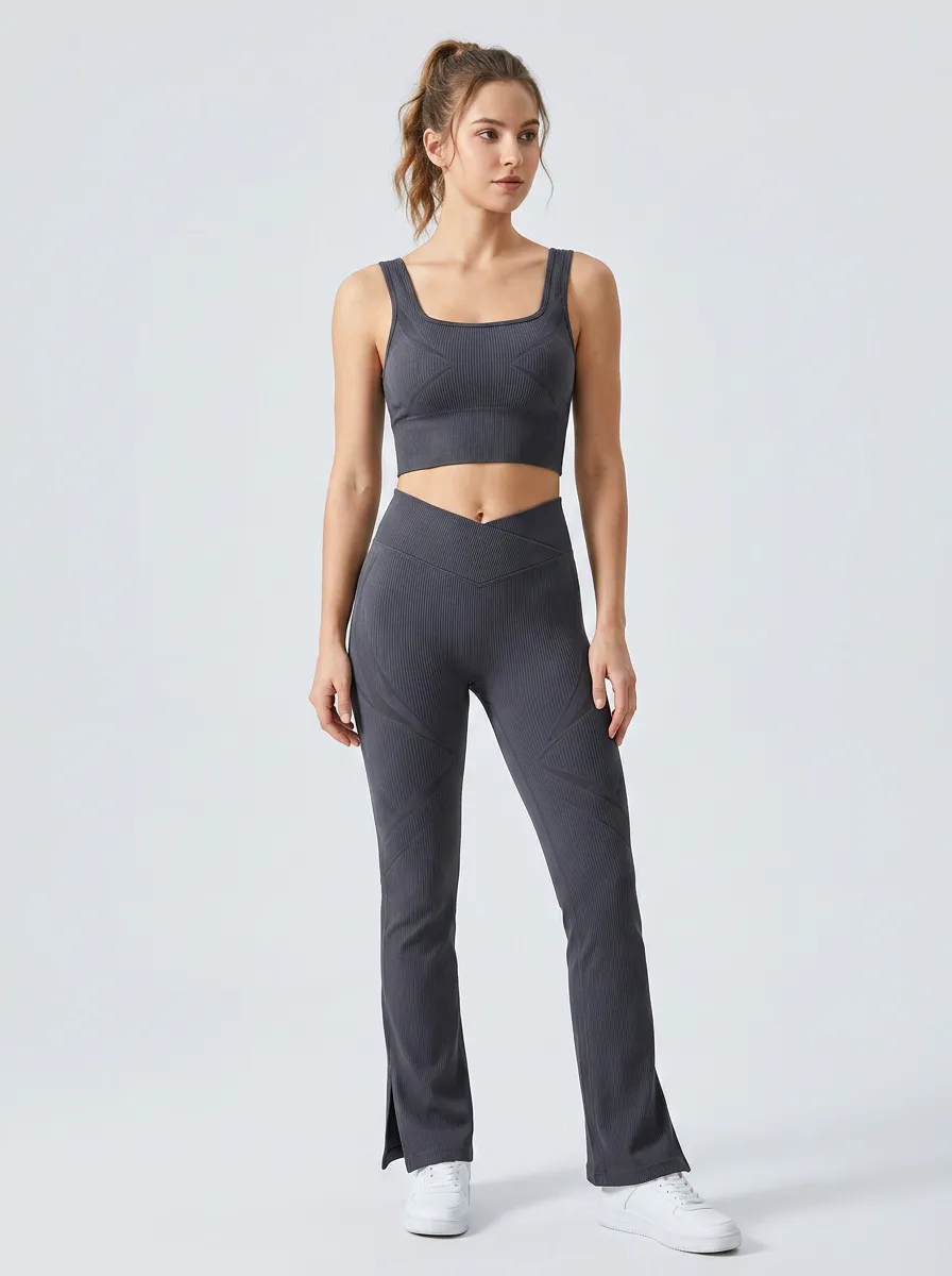Women's Yoga Fitness Ribbed Cross-Waist Printed Workout Set
