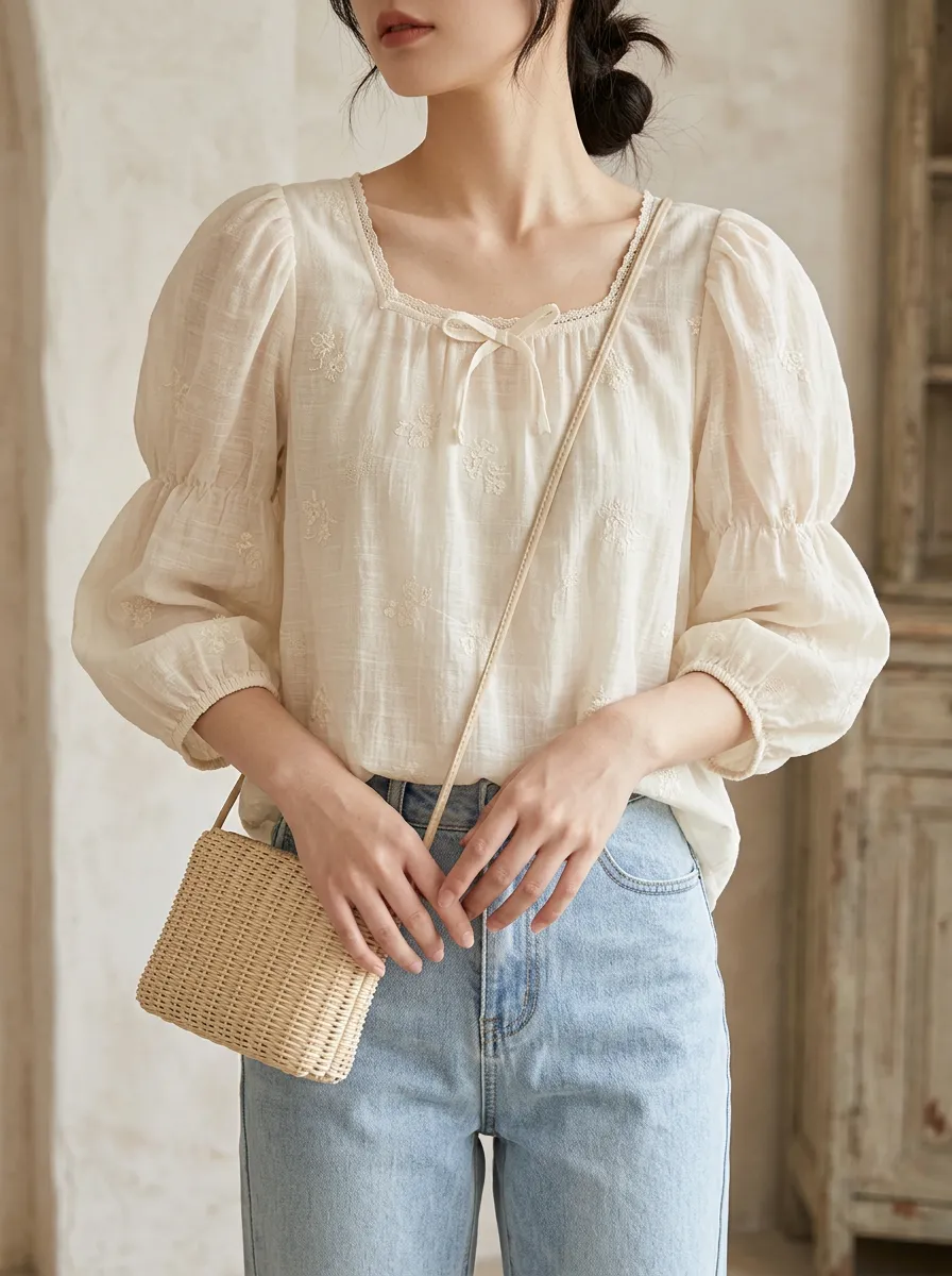 Vintage-Inspired Classic Women's Puff-Sleeve Blouse