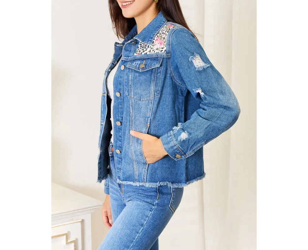 Leopard Floral Distressed Raw-Hem Denim Jacket