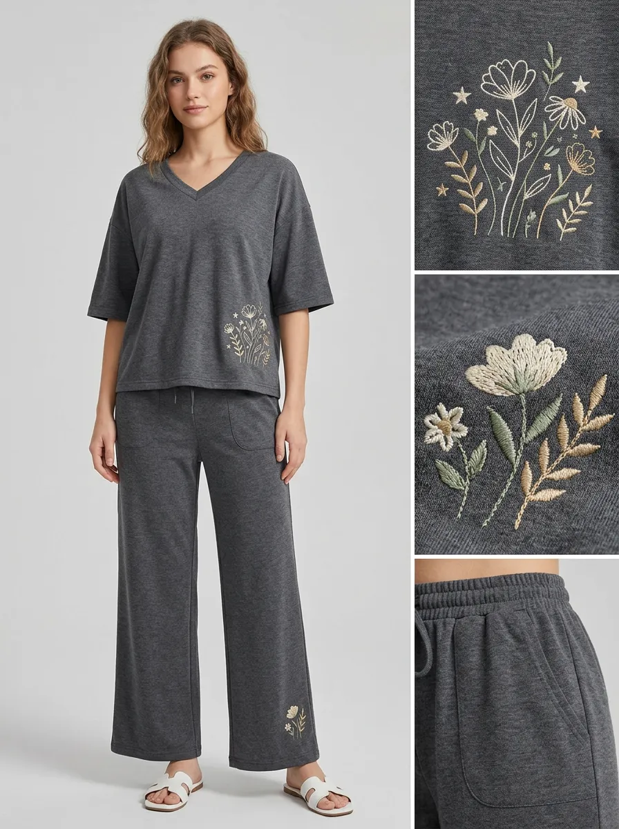 Women's Cropped Floral Embroidered V-Neck Top And Drawstring Wide-Leg Trouser Lounge Set