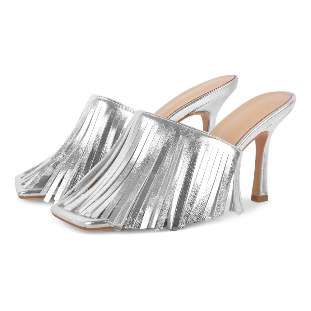 Square Toe Fringe Stiletto Mule Sandals