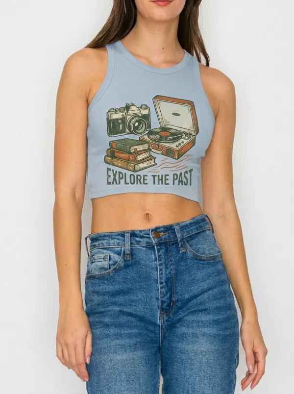 Women's Vintage Retro Camera Record Player Printed Crop Top