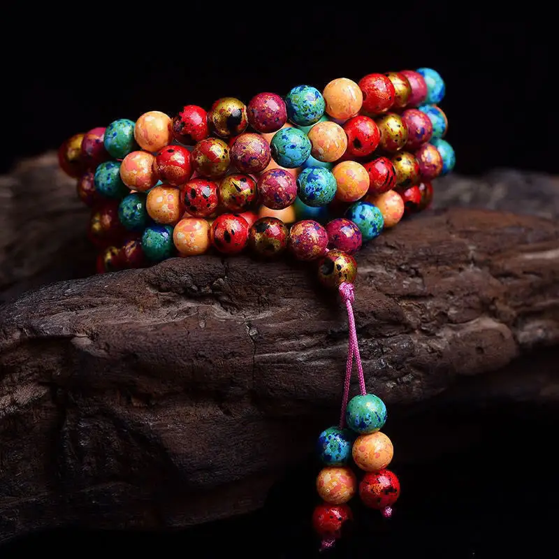 Lacquer Beads Craft Sandalwood Multilayer Mala Bracelet