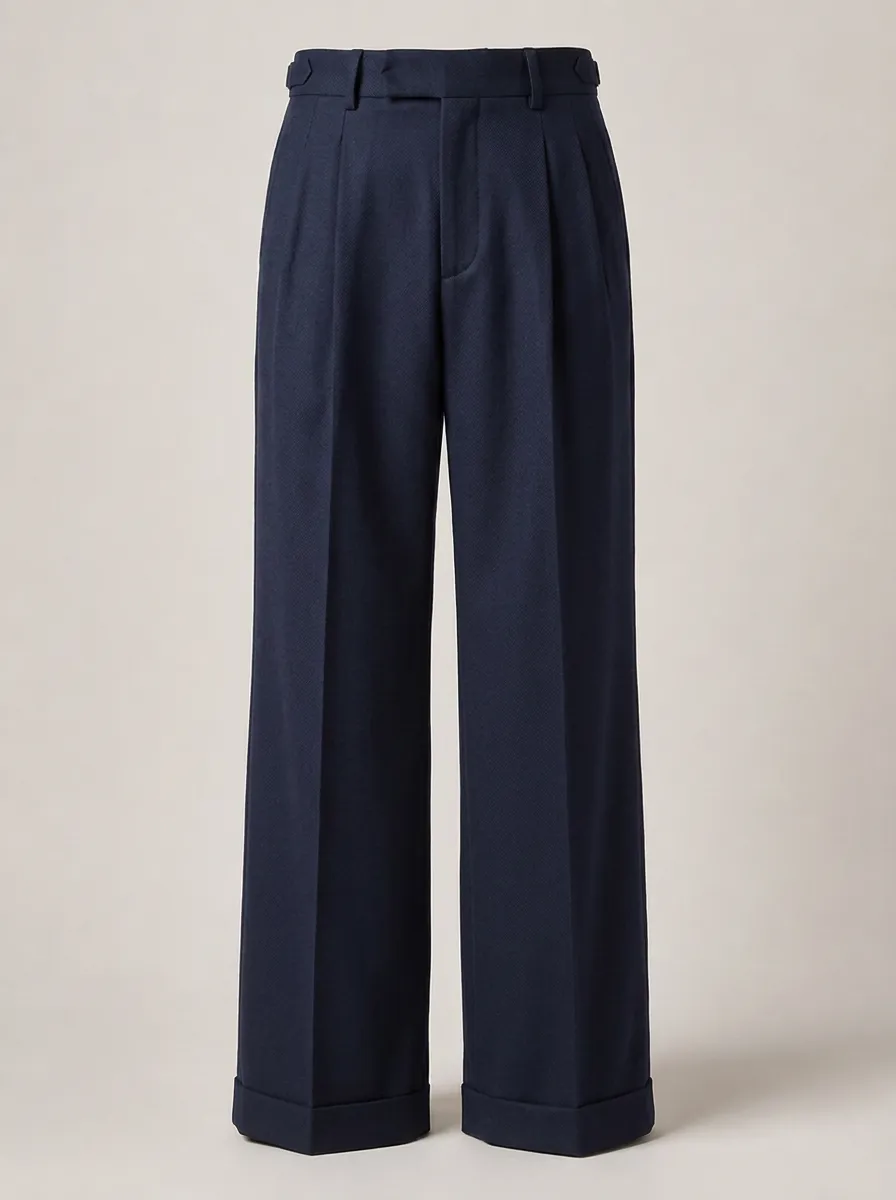 Men's Navy Blue Pleated Wide Leg Tailored Trousers