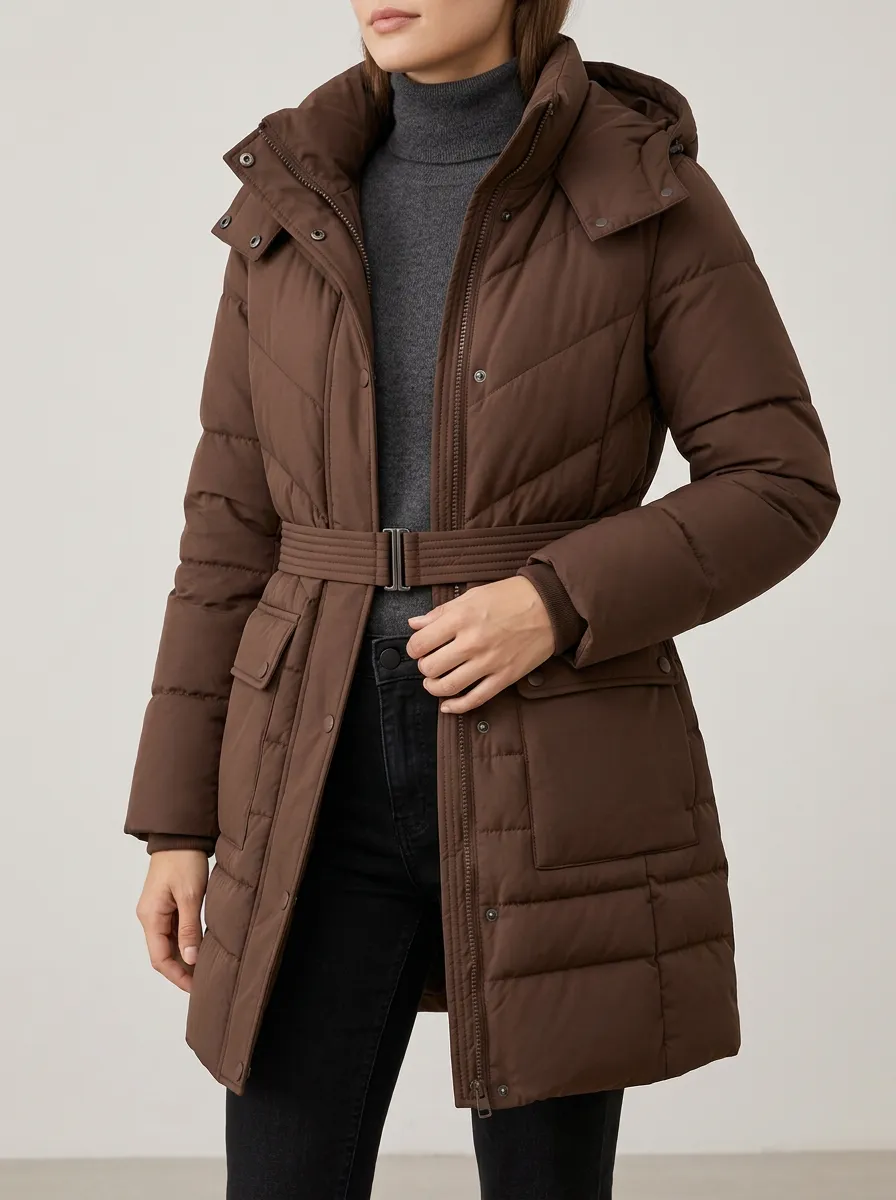 Brown Belted Waist Hooded Padded Jacket for tailored look layering