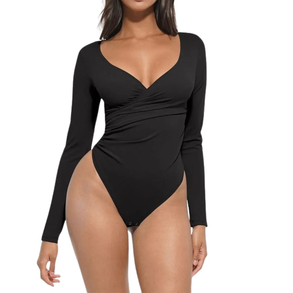 Pleated Deep V Long Sleeve Bodysuit