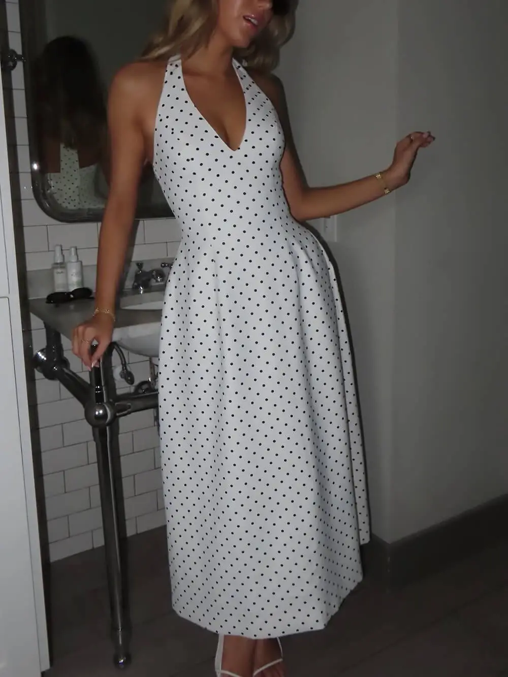 Classic Polka Dot Print Open Back Midi Dress