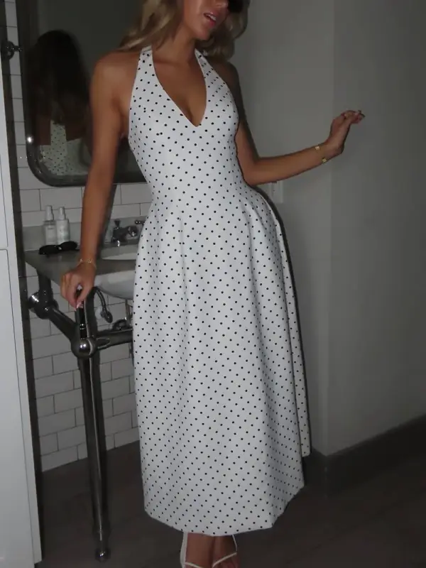 Classic Polka Dot Print Open Back Midi Dress
