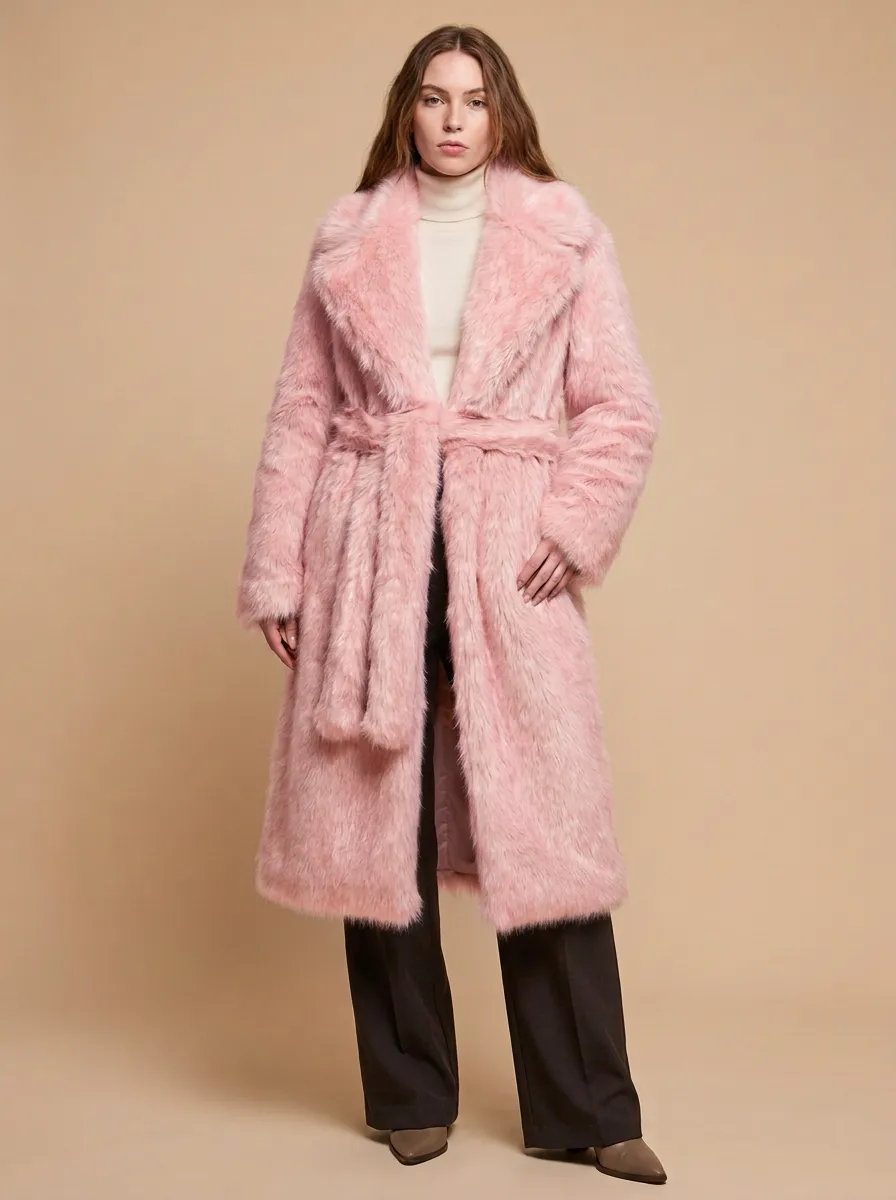 Line Faux Fur Belted Long Coat
