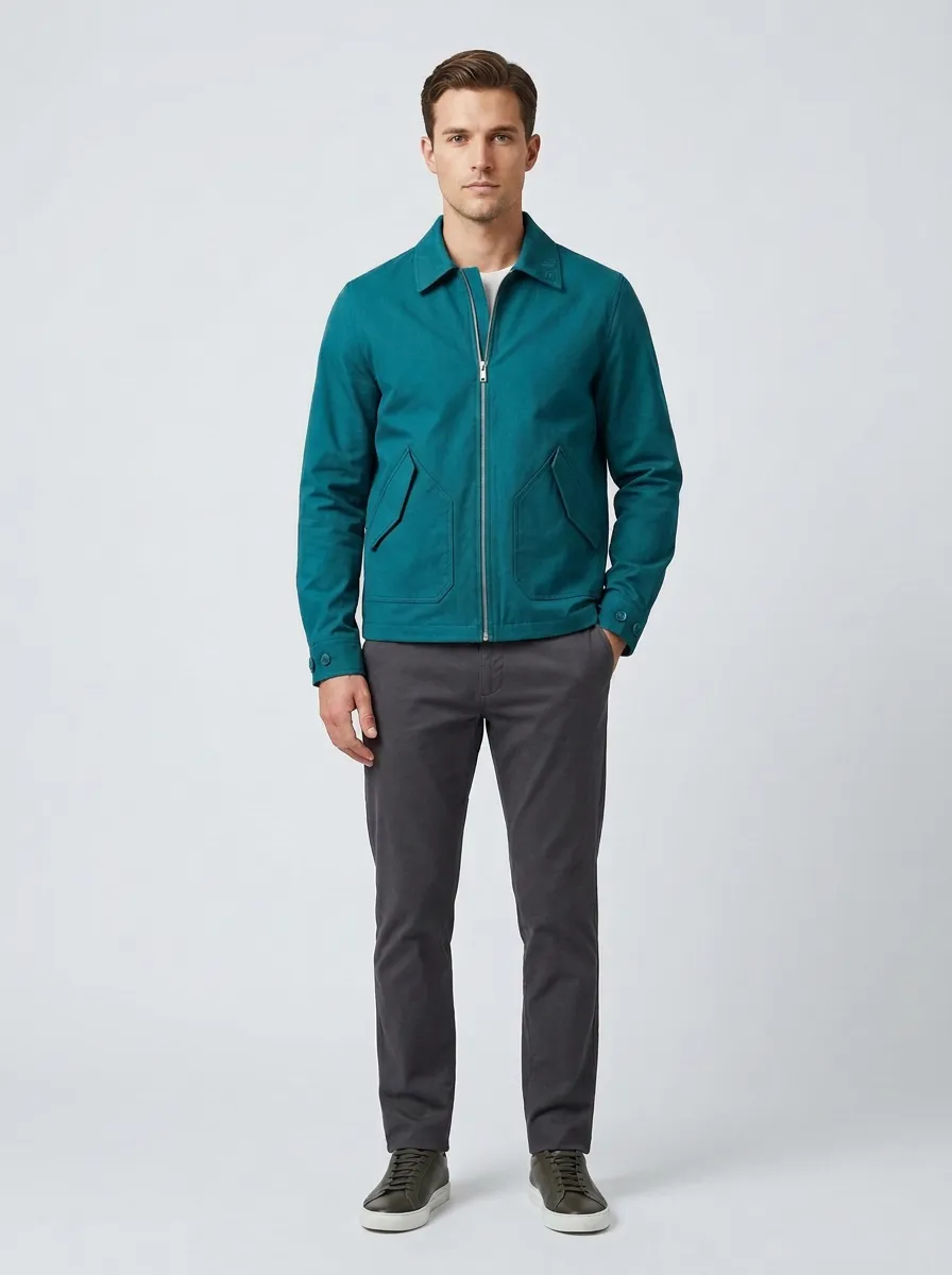 Men's Casual Olive Green Solid Zip-Up Harrington Jacket