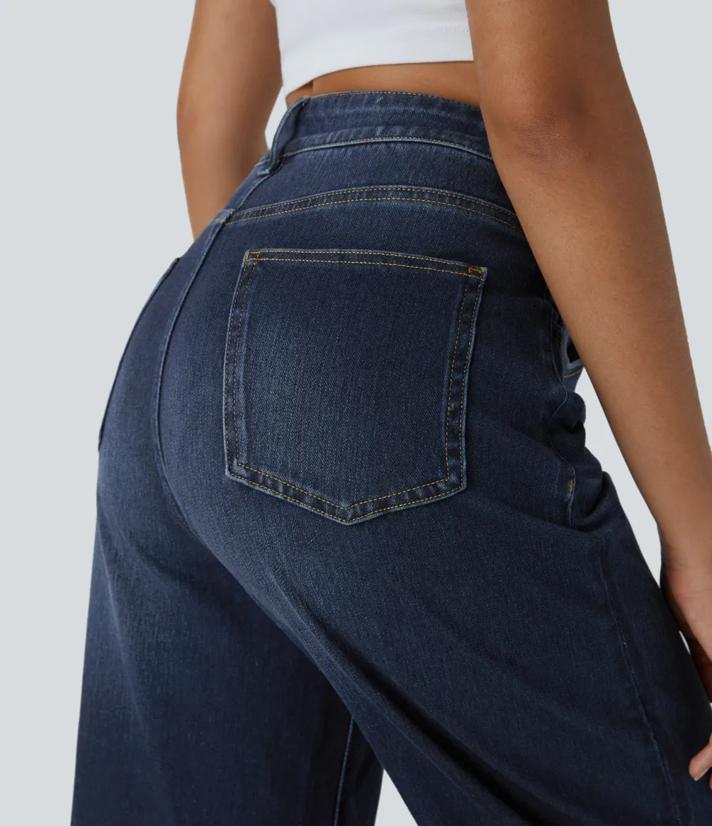 Magic High Waisted Multiple Pockets Rolled Hem Wide Leg Washed Stretchy Knit Casual Jeans
