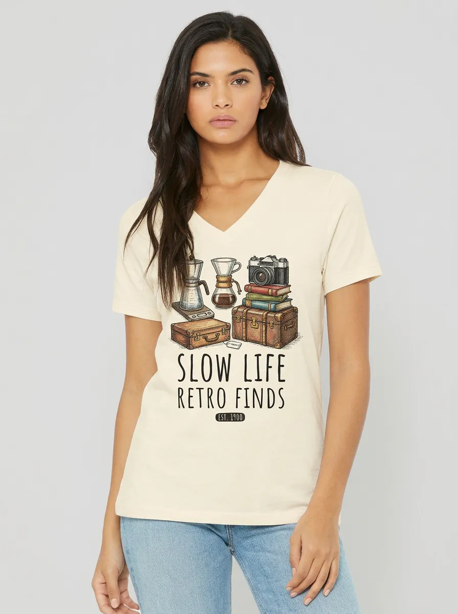 Women's Retro Lifestyle Coffee Camera Books Graphic V-Neck T-Shirt