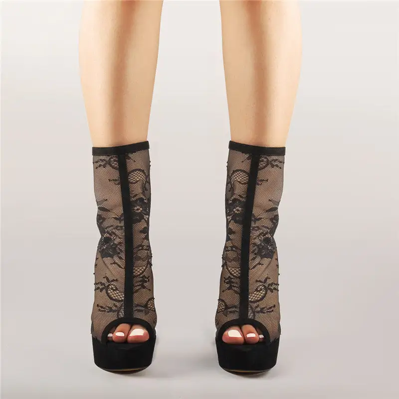 Mesh Peep Toe Platform Chunky High Heel Boot Sandals