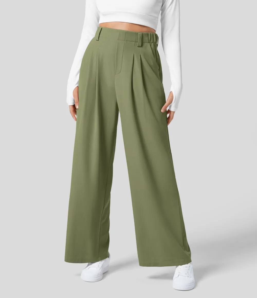 2026🔥  High Waisted Plicated Side Pocket Wide Leg Waffle Work Pants