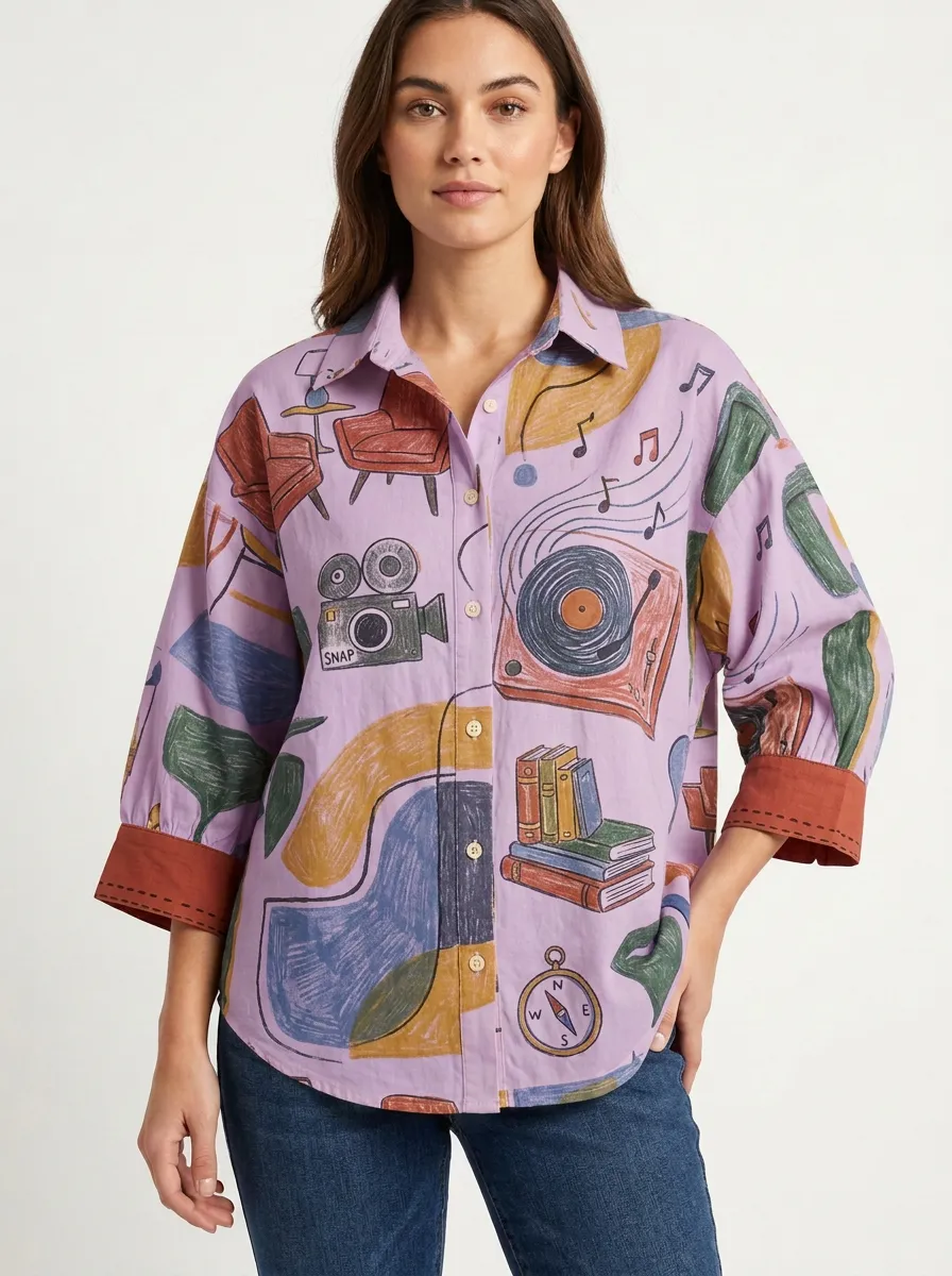 Women's Hobby Lover Retro Doodle Printed Button-up Shirt