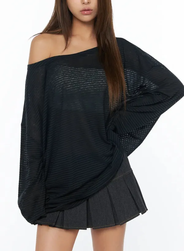 Loose Fit Striped Off-Shoulder Long Sleeve Tee