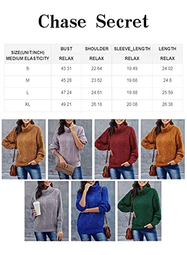 Womens Turtle Cowl Neck Solid Color Soft Comfy Cable Knit Pullover Sweaters S-2XL