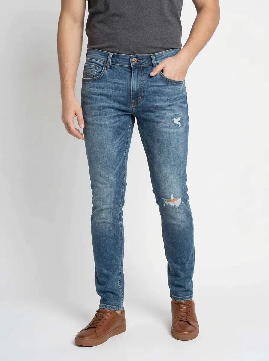 Men's Mid-Blue Distressed Slim-Fit Jeans