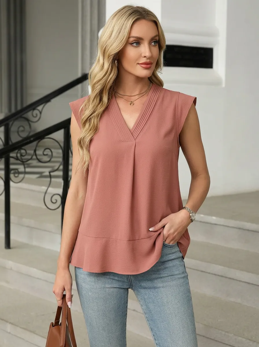 V-Neck Pleated Sleeveless Blouse