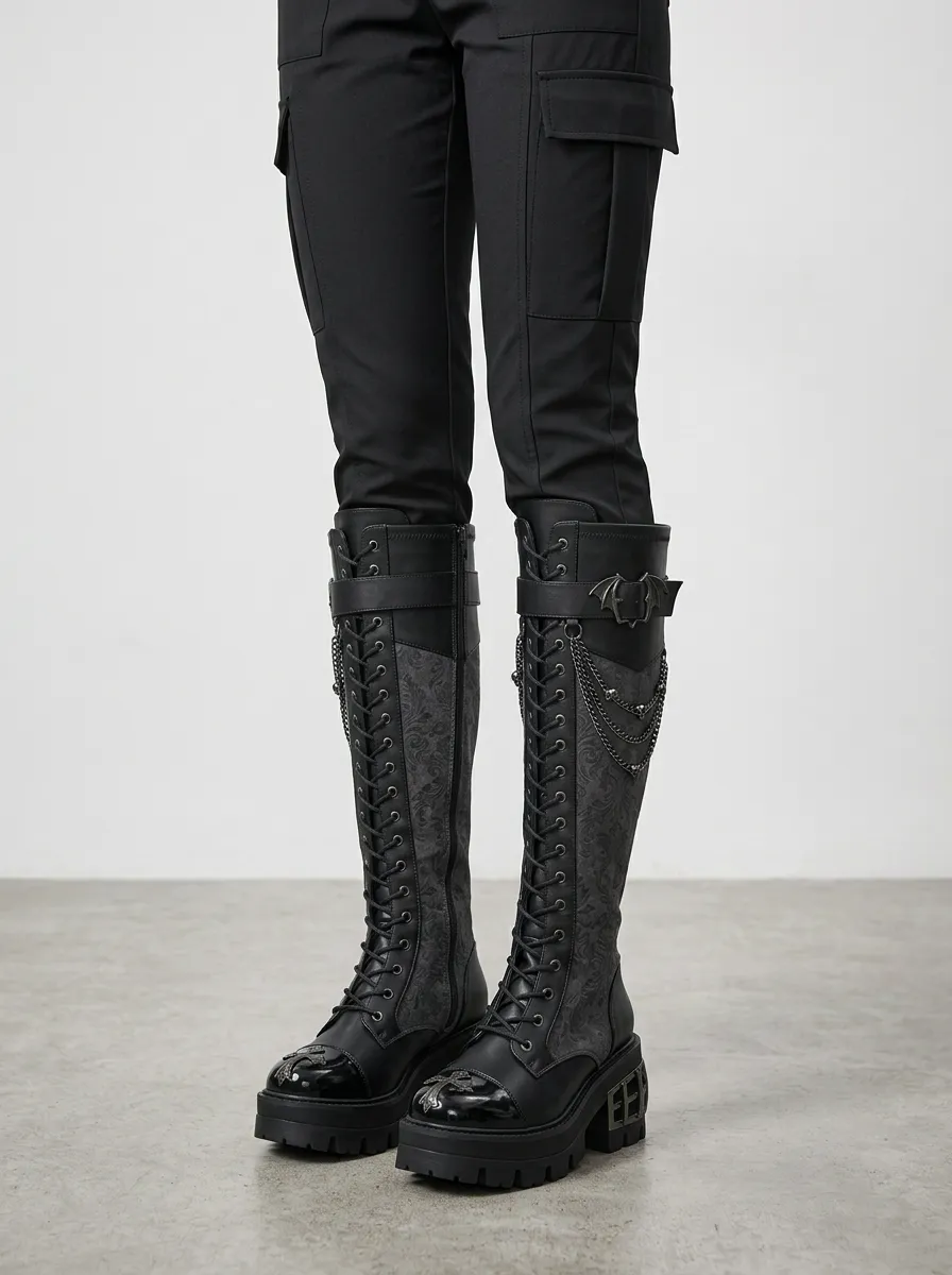 Ritual-Inspired Bat Damask Chain Darkwear Style Women's Gothic Platform Boots