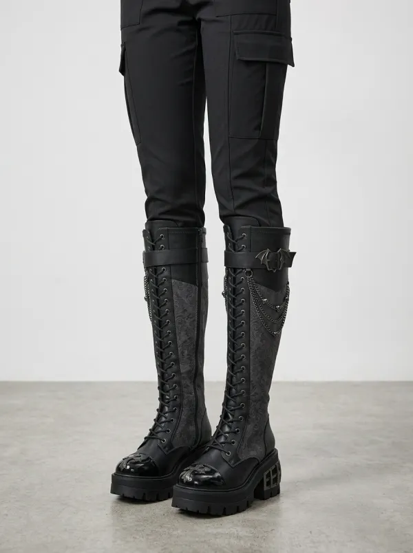 Ritual-Inspired Bat Damask Chain Darkwear Style Women's Gothic Platform Boots